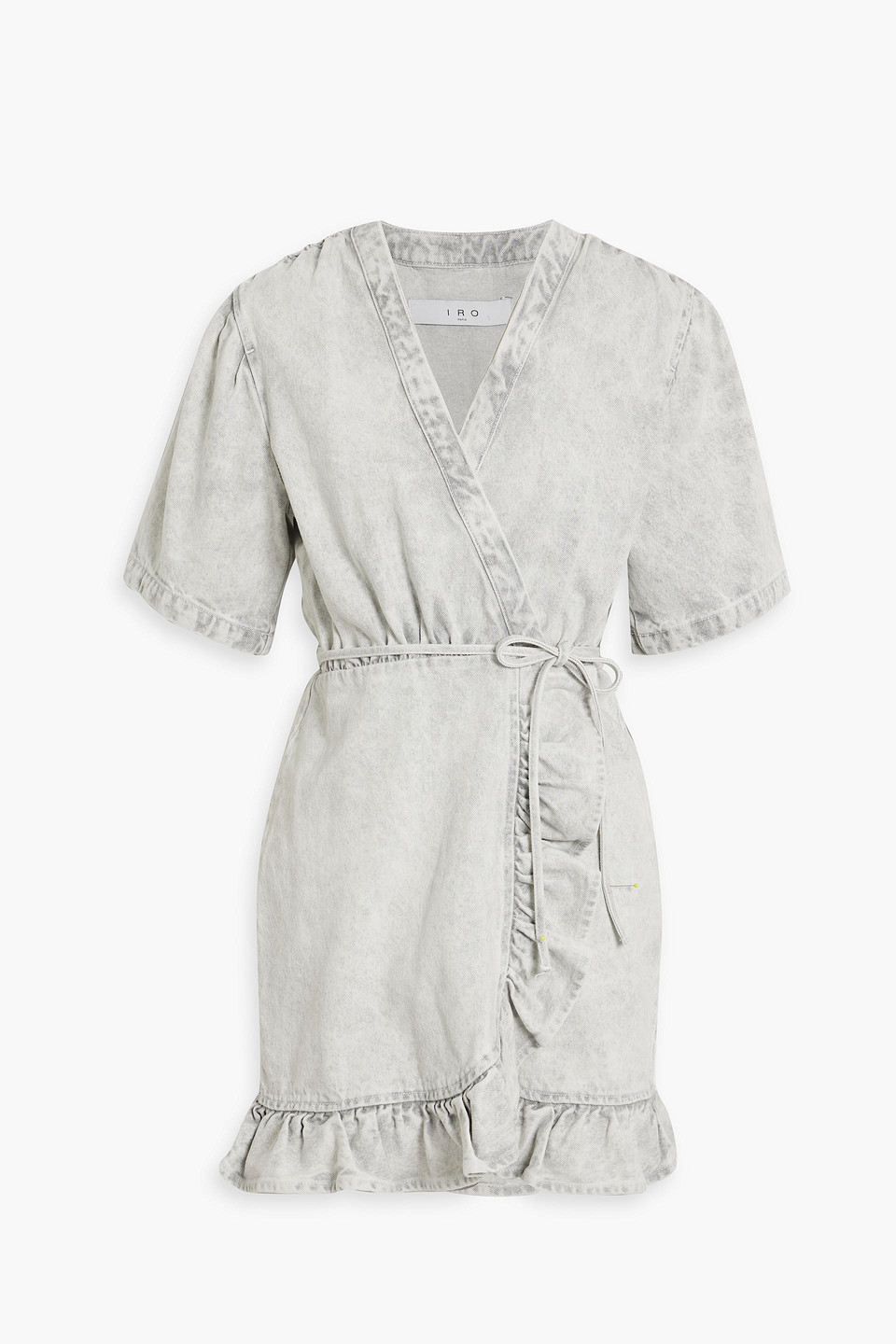 Shop Iro Mazargue Ruffled Denim Mini Wrap Dress In Light Gray