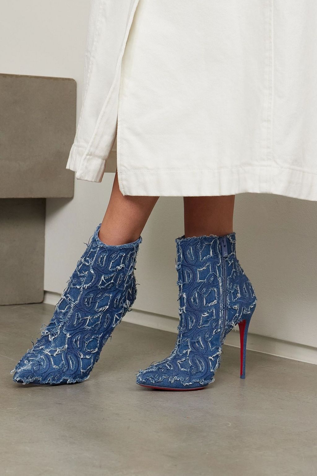 CHRISTIAN LOUBOUTIN So Kate 100 embroidered distressed denim ankle boots