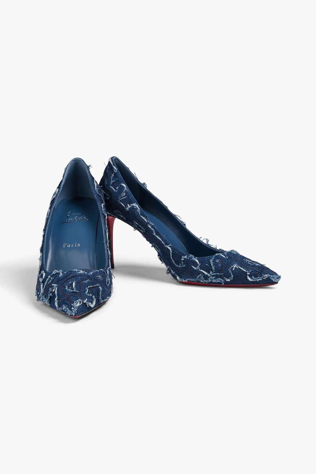 CHRISTIAN LOUBOUTIN Kate 85 embroidered distressed denim pumps