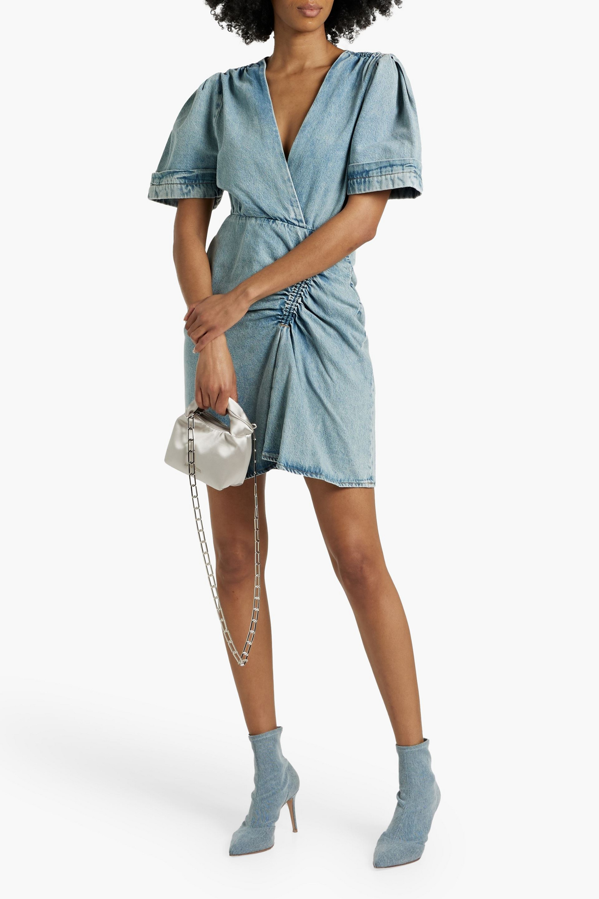denim ruched mini dress Medium Wash Chambray Strapless Ruched Mini Dress