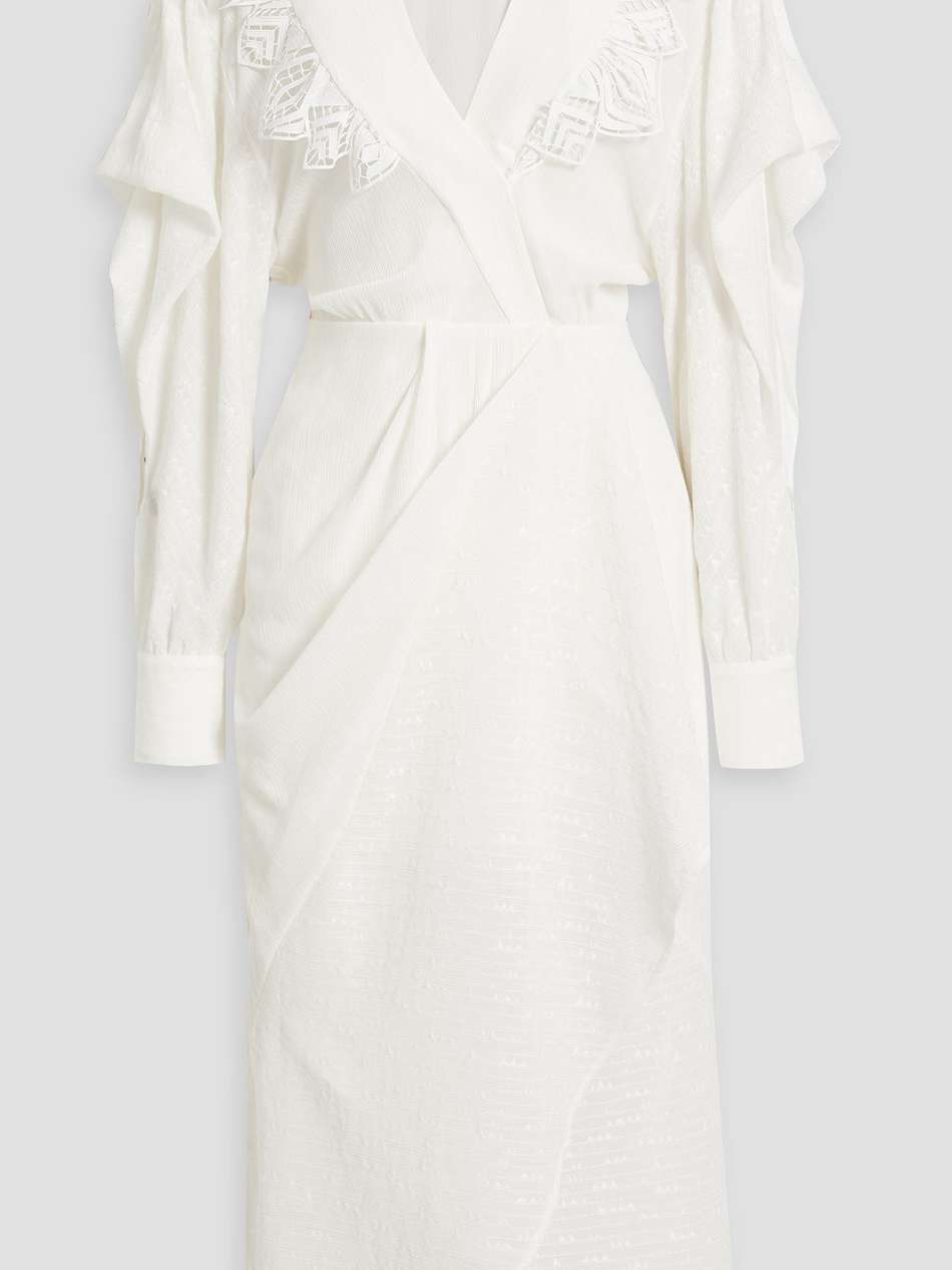 dily wrap-effect crochet-trimmed crepon midi dress