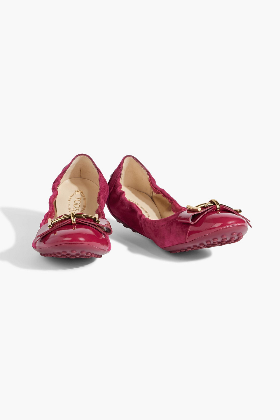 Shop Tod's Embellished Patent-leather And Suede Ballet Flats In Crimson