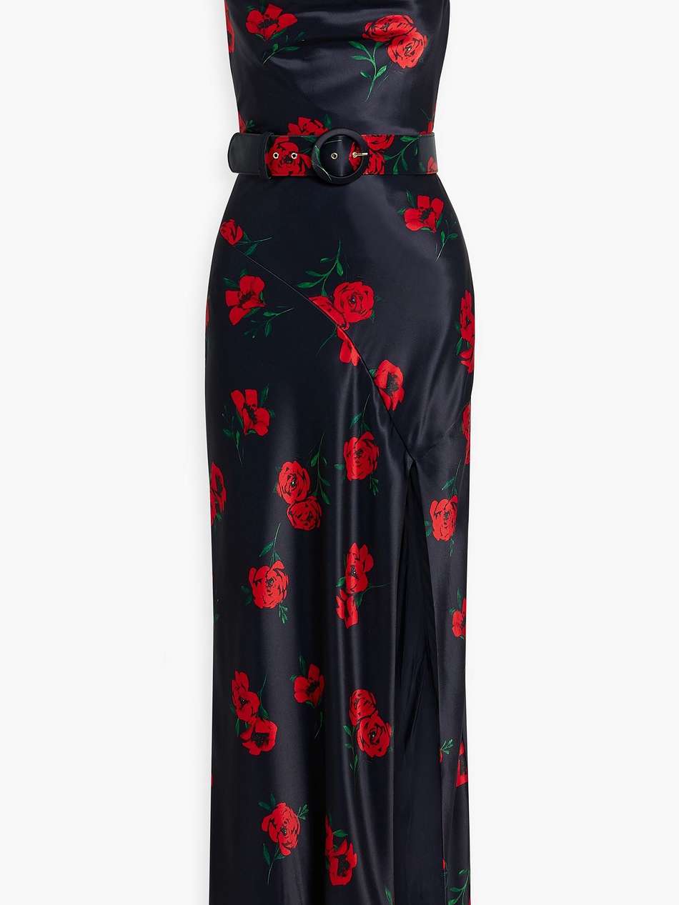 valentine draped belted floral-print satin maxi dress