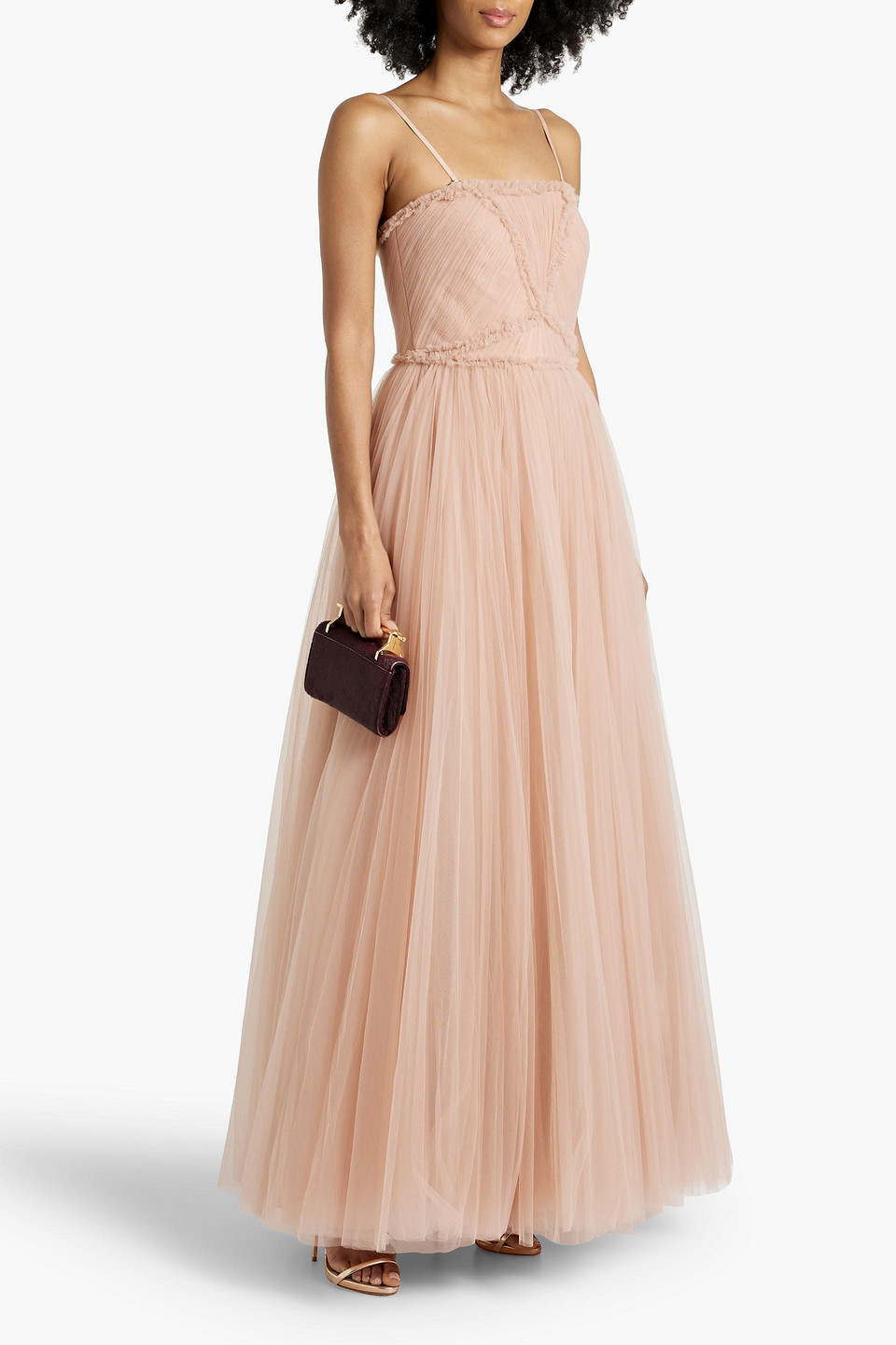 Shop Zac Posen Pleated Tulle Gown In Blush