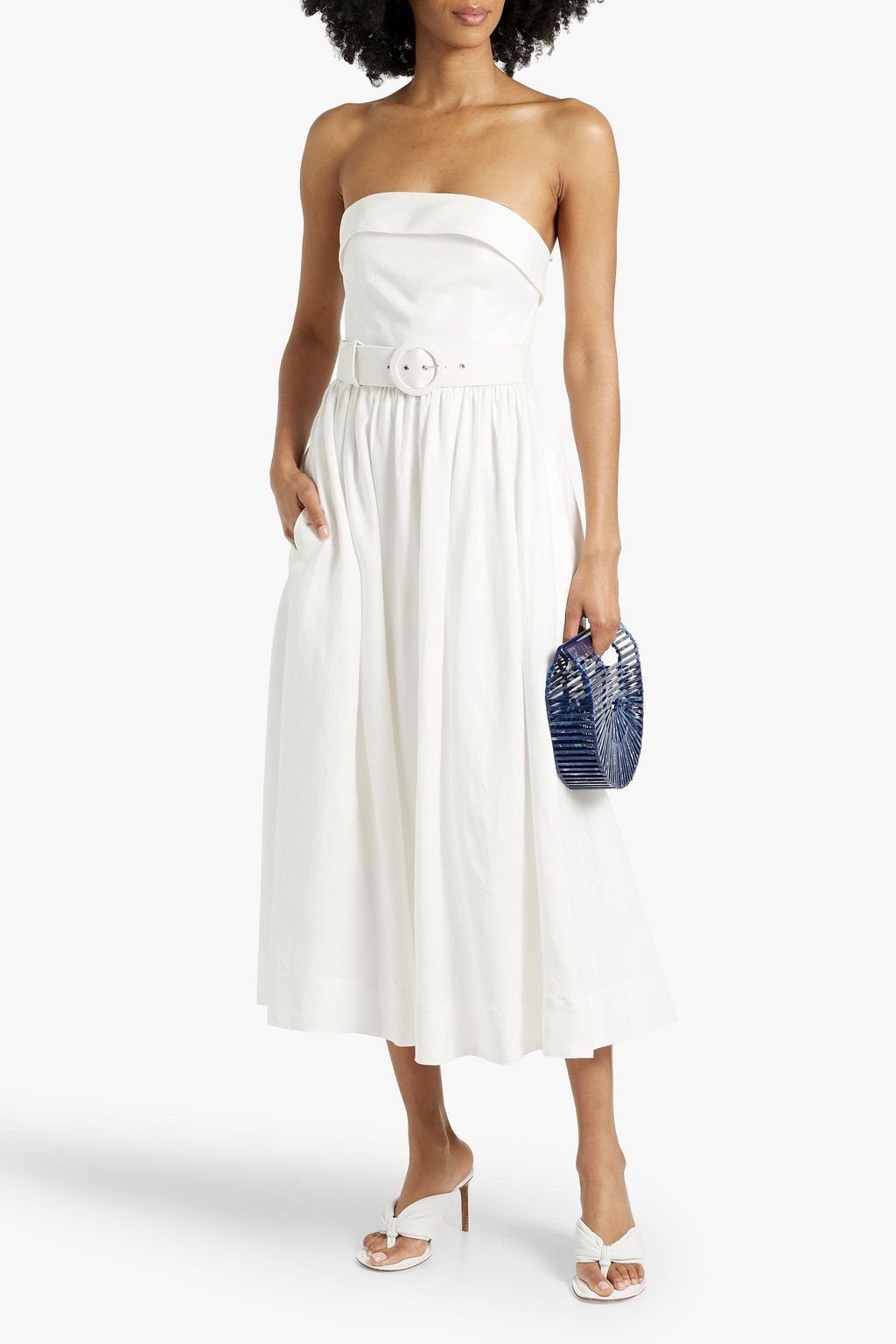 NICHOLAS Strapless belted linen-blend midi dress