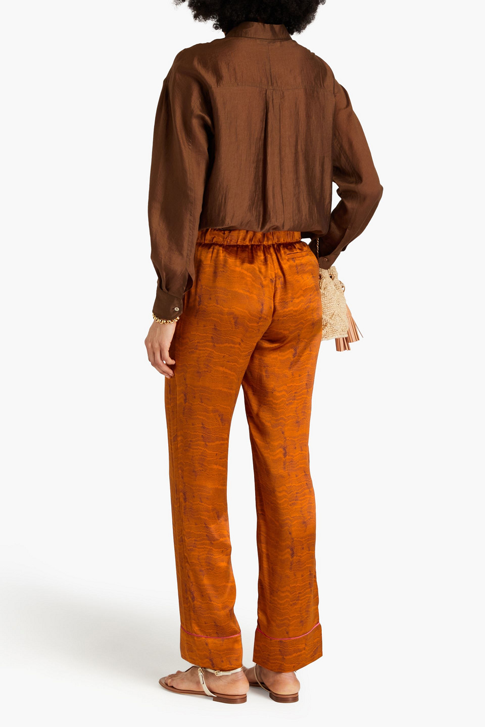 Saloni Paige Printed Silk-satin Straight-leg Pants In Tan