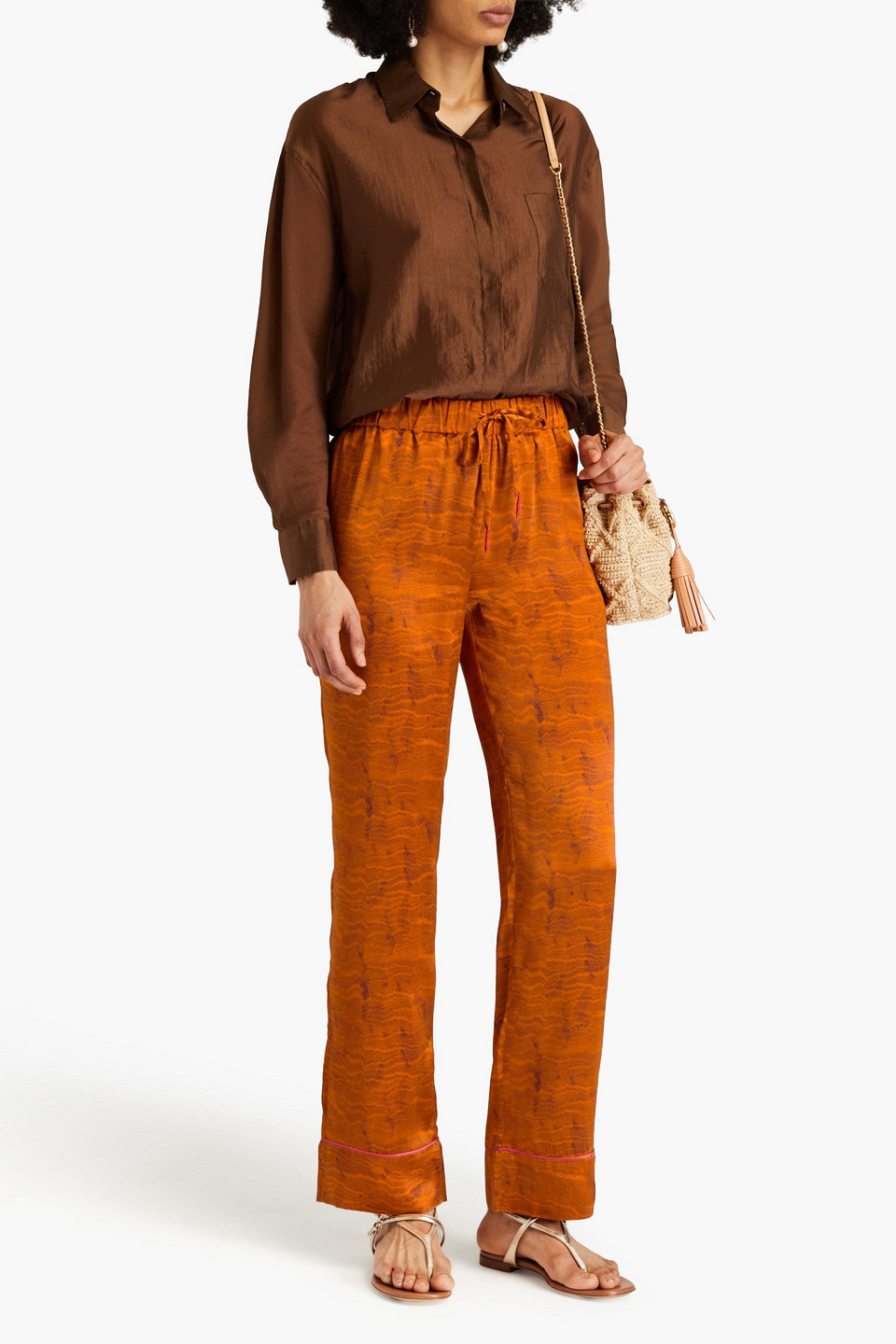 Saloni Paige Printed Silk-satin Straight-leg Pants In Tan