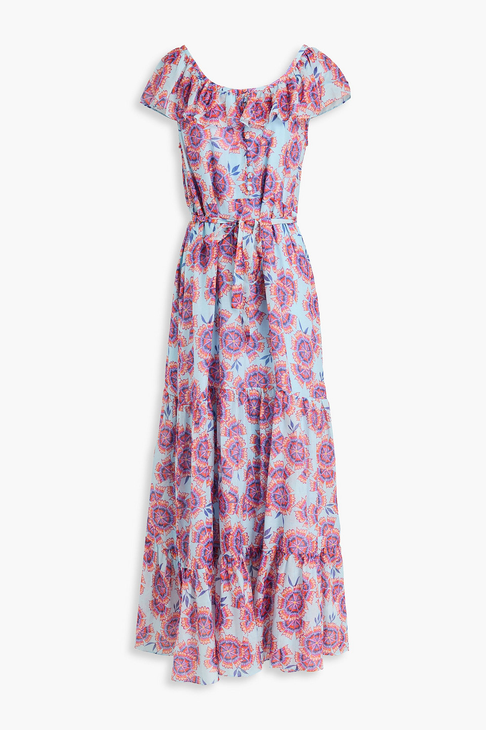 Saloni Cassie Ruffled Floral-print Cotton And Silk-blend Voile Maxi Dress In Sky Blue