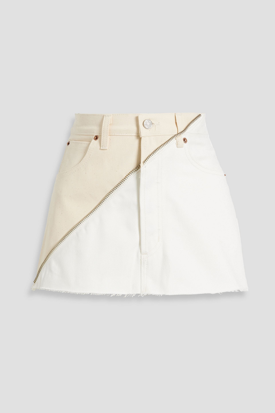 Eb Denim Gemini Zip-detailed Two-tone Denim Mini Skirt In Cream