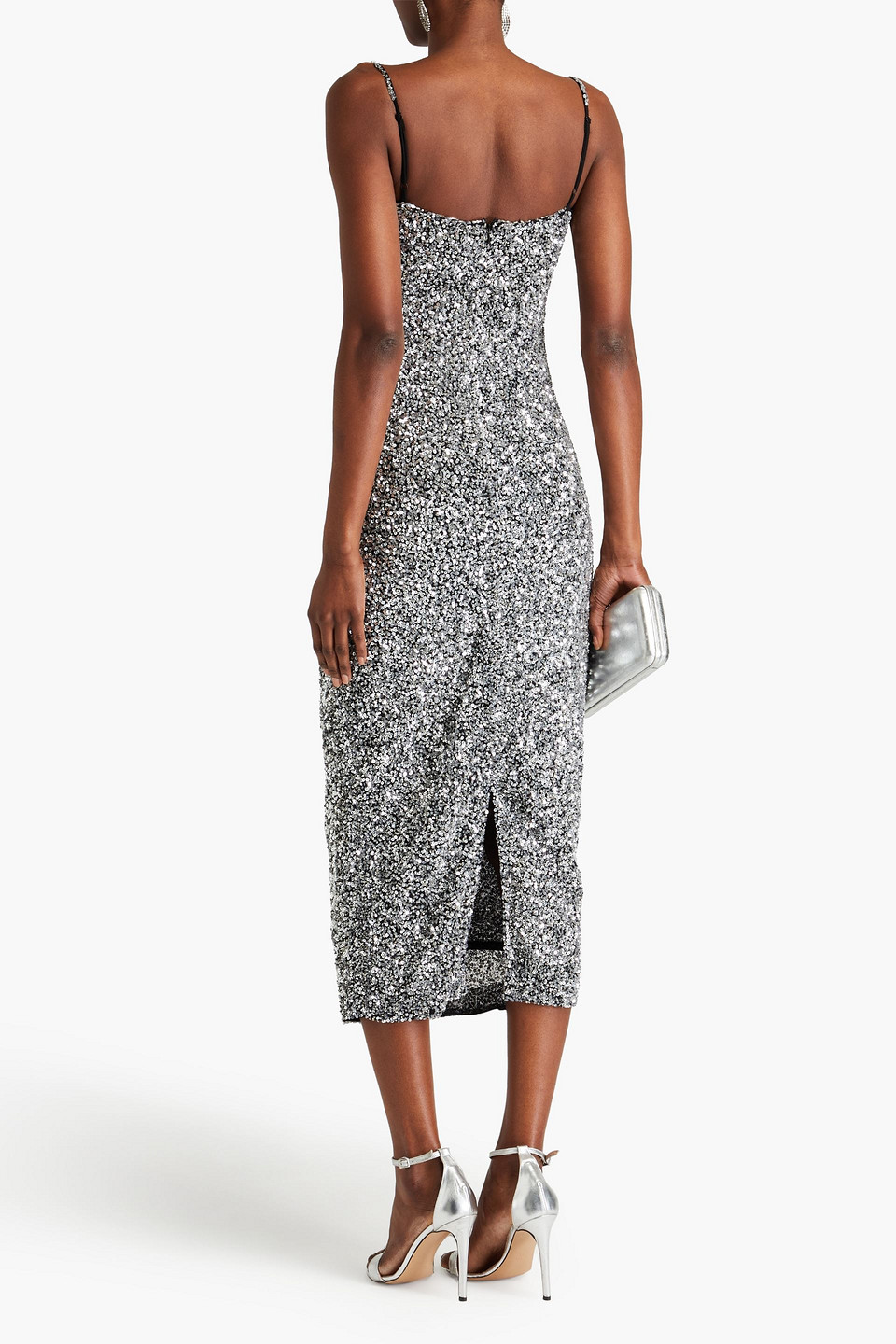 Shop Rachel Gilbert Corrie Draped Sequined Tulle Midi Dress In Silver