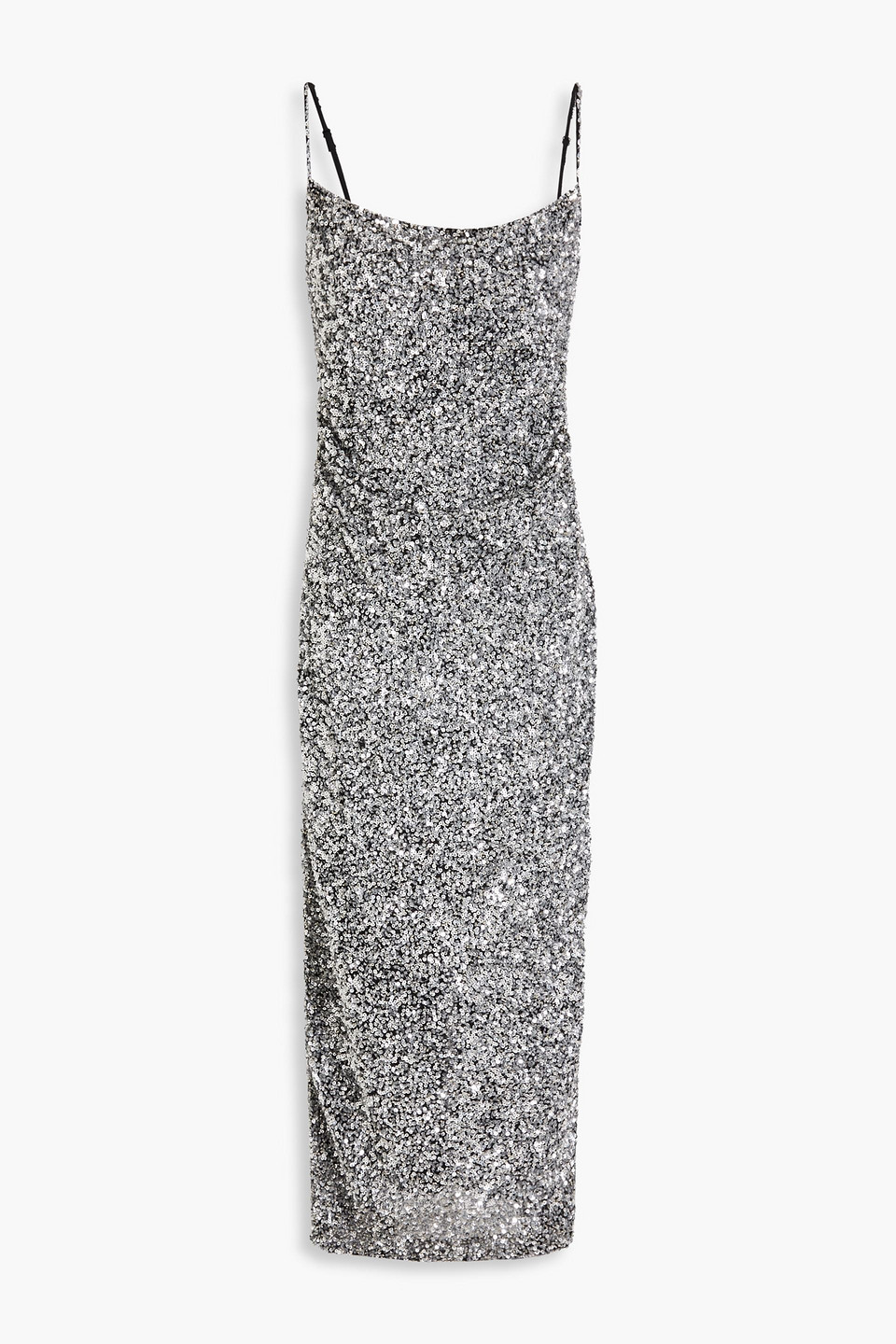 Rachel Gilbert Corrie Draped Sequined Tulle Midi Dress In Silver