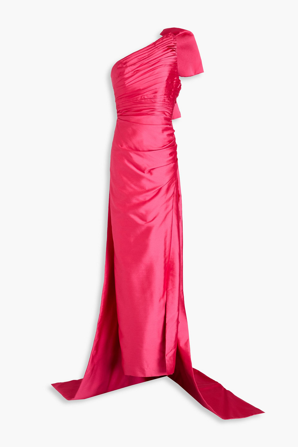 Rachel Gilbert Marta One-shoulder Bow-detailed Satin Gown In Fuchsia