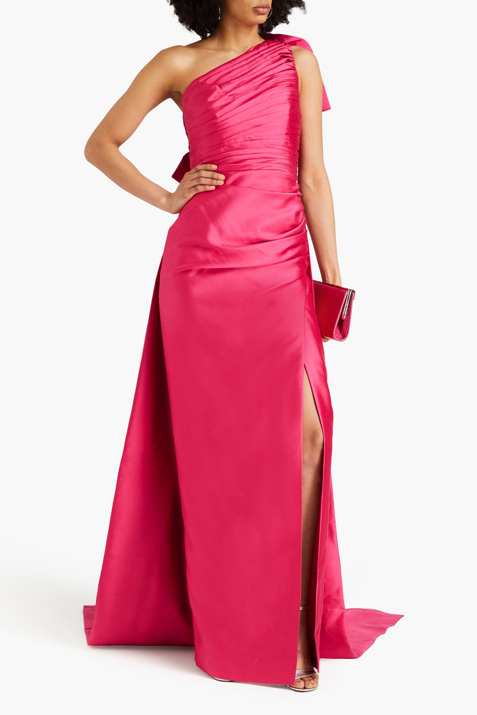 Rachel Gilbert Marta One-shoulder Bow-detailed Satin Gown In Fuchsia