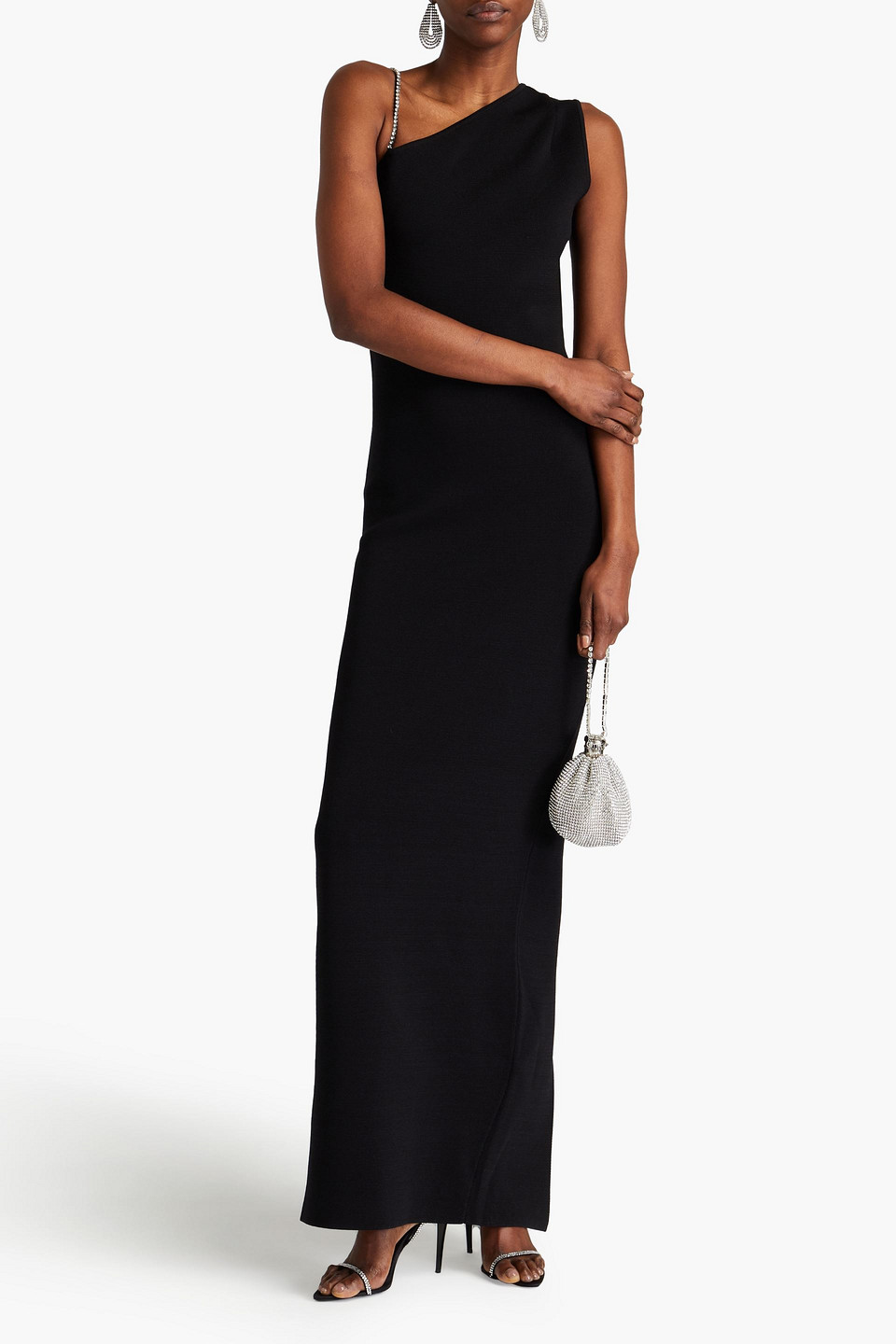 Shop Rachel Gilbert Silica Crystal-embellished Stretch-knit Gown In Black