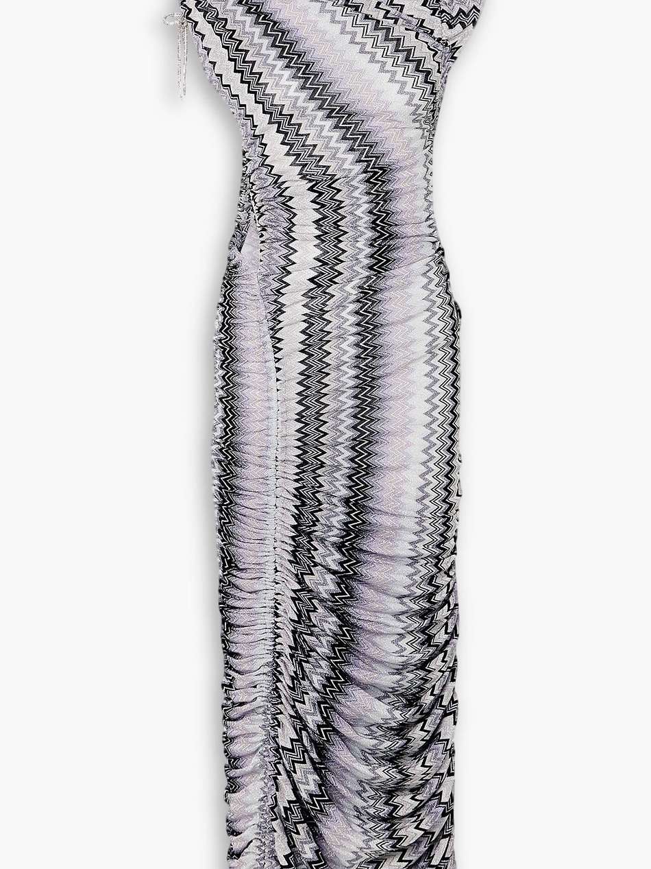 crystal-embellished ruched metallic crochet-knit maxi dress