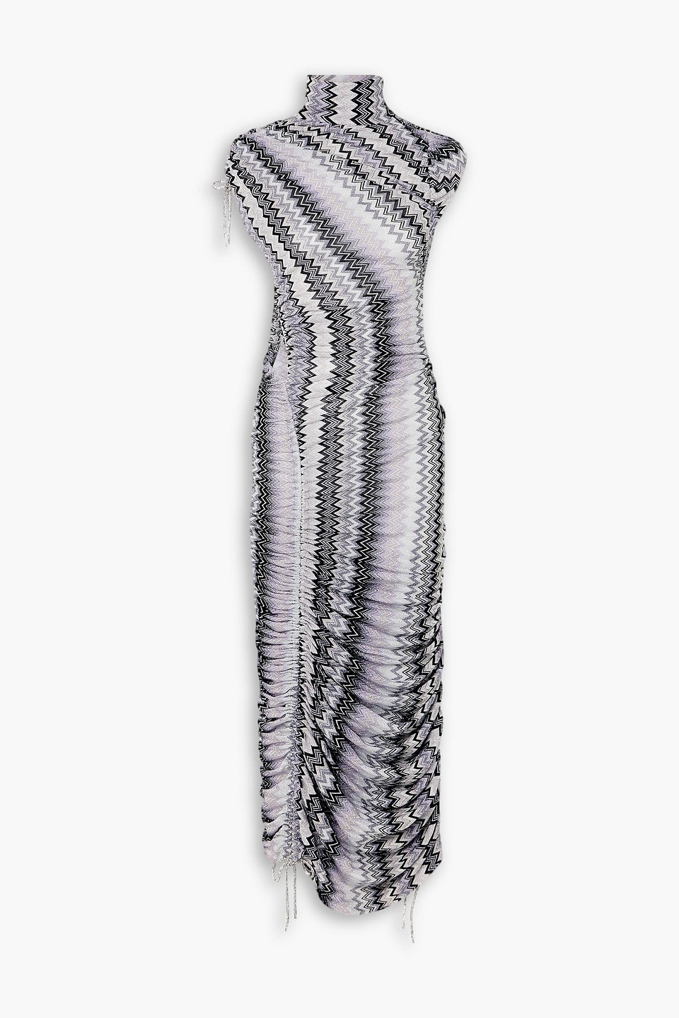 Missoni Crystal-embellished Ruched Metallic Crochet-knit Maxi Dress In Silver