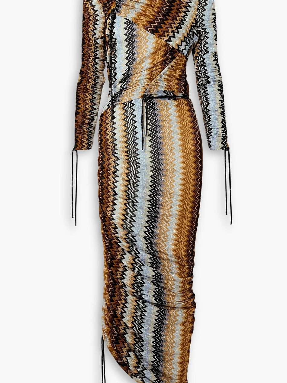 ruched metallic crochet-knit turtleneck maxi dress