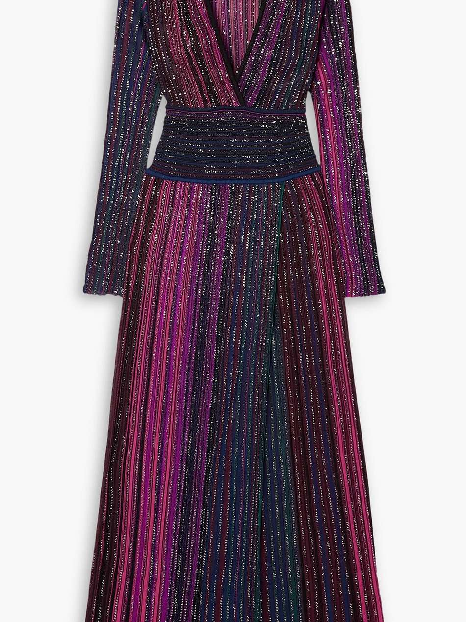 sequin-embellished striped ribbed silk-blend maxi dress