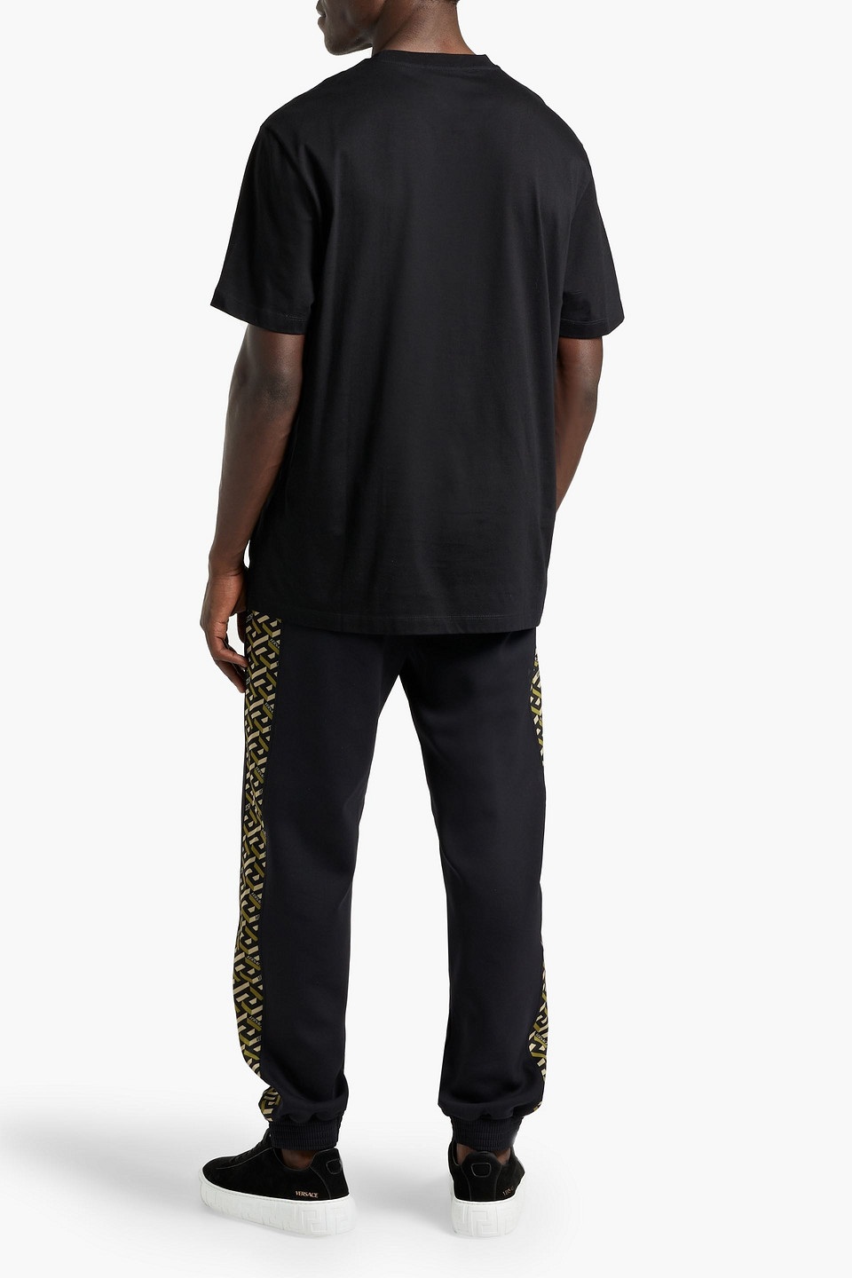 Shop Versace Printed Ponte Sweatpants In Black