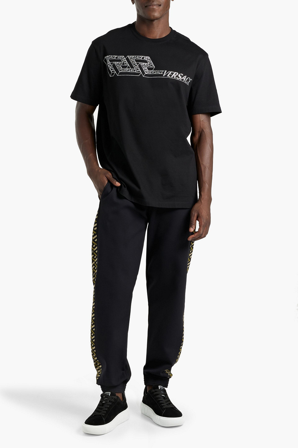 Shop Versace Printed Ponte Sweatpants In Black