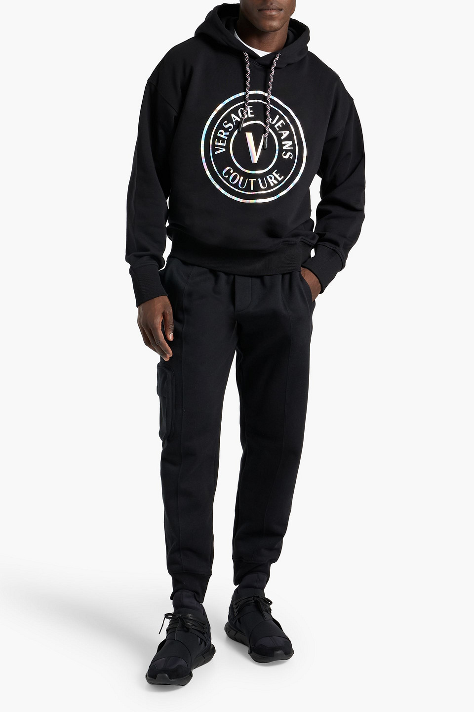 Shop Versace Logo-appliquéd Cotton-fleece Hoodie In Black