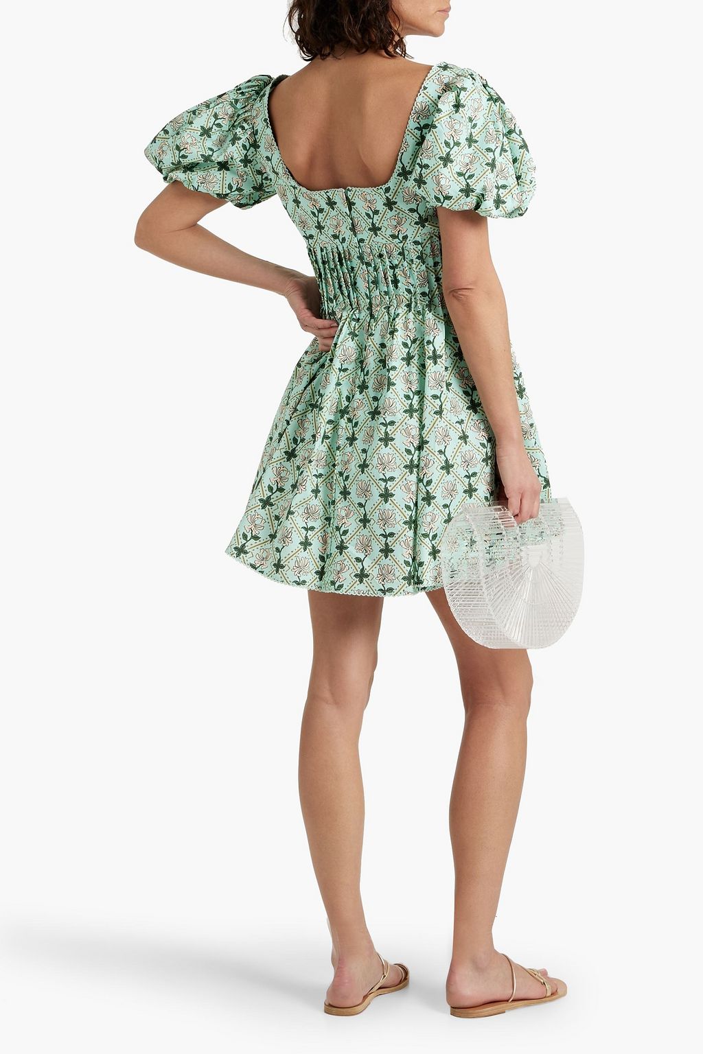 AGUA BY AGUA BENDITA Carmelo Herbal pintucked floral-print cotton-poplin mini dress