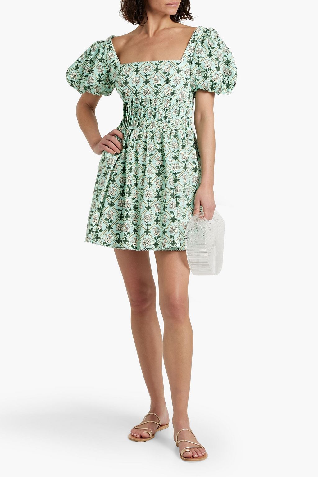 AGUA BY AGUA BENDITA Carmelo Herbal pintucked floral-print cotton-poplin mini dress