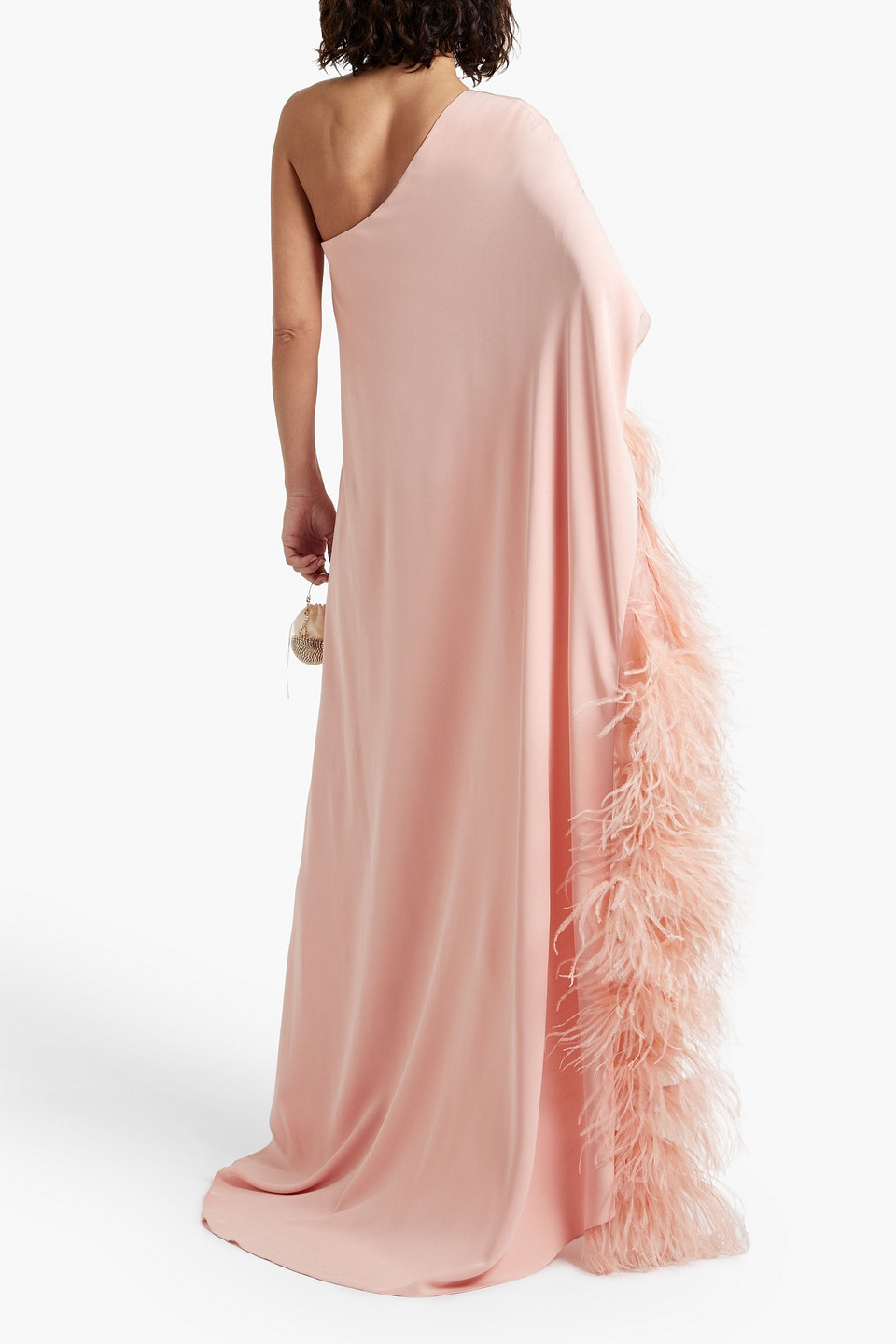 Shop Monique Lhuillier One-sleeve Feather-embellished Crepe Gown In Blush