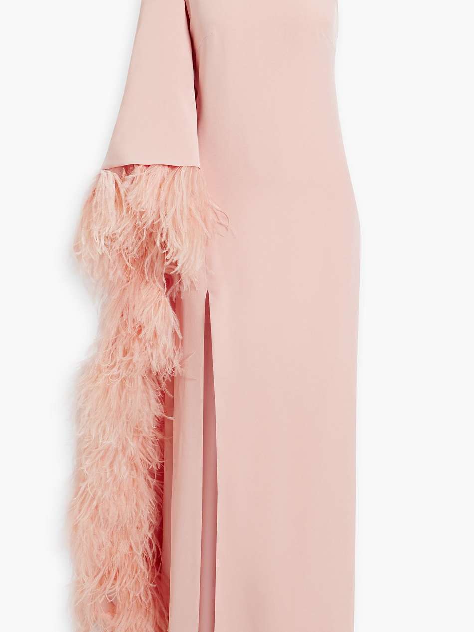 one-sleeve feather-embellished crepe gown