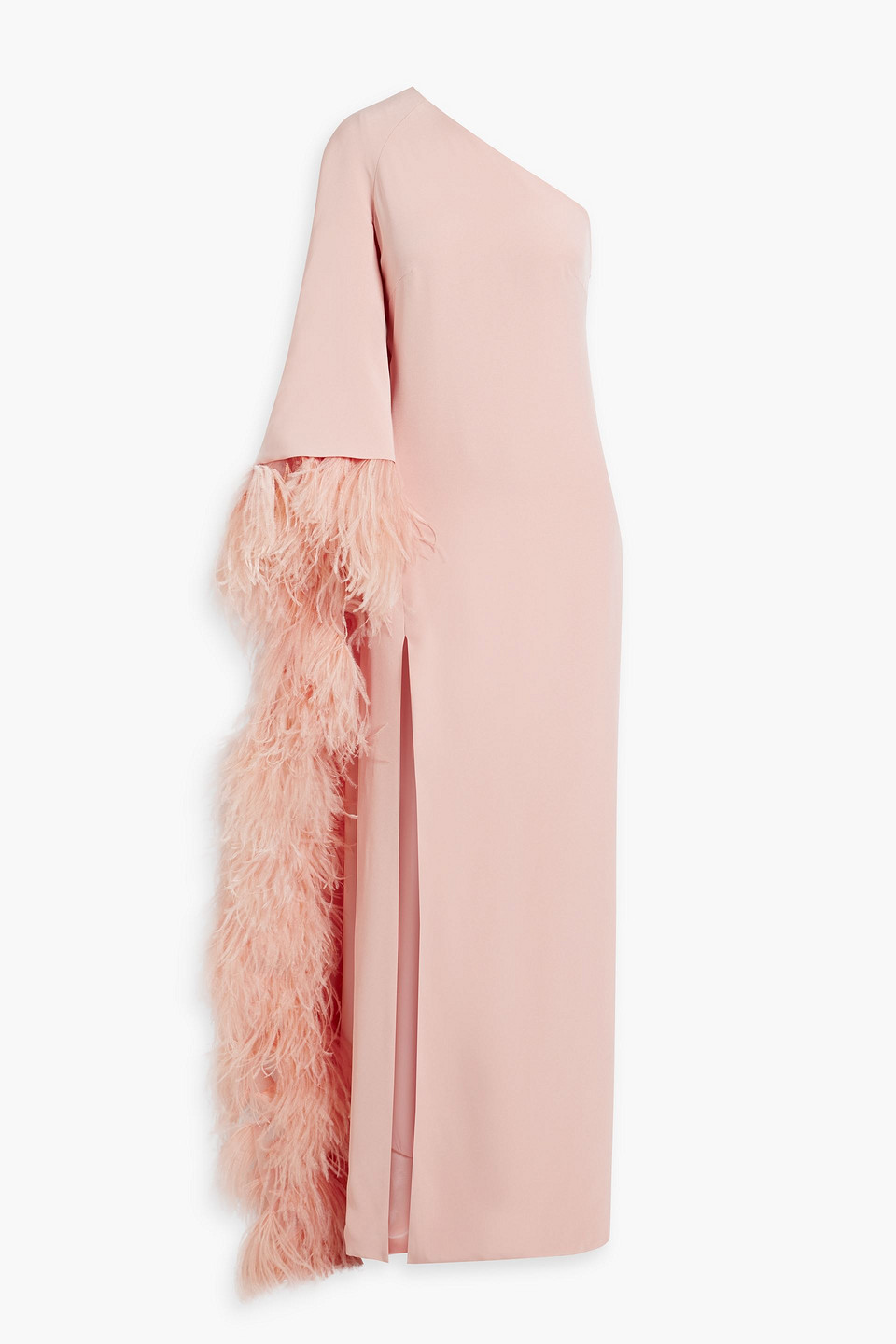 Monique Lhuillier One-sleeve Feather-embellished Crepe Gown In Blush