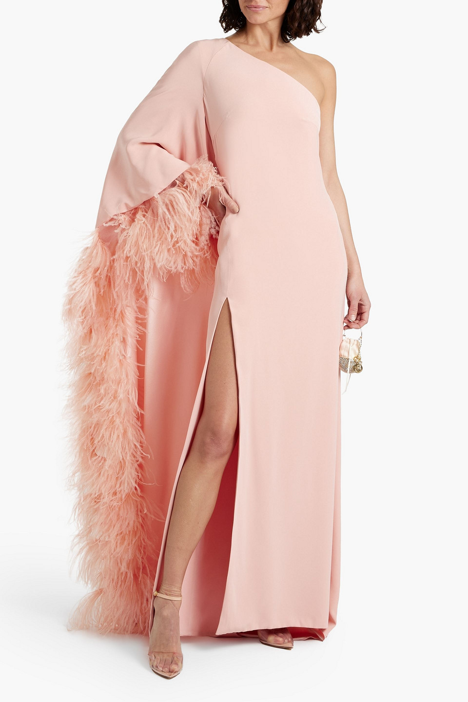 Shop Monique Lhuillier One-sleeve Feather-embellished Crepe Gown In Blush