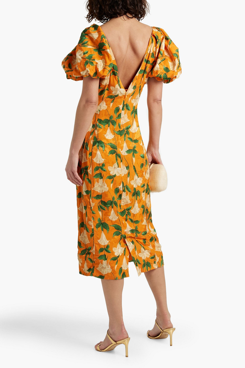 Shop Agua By Agua Bendita Celia Ruched Floral-print Ecovero-blend Jacquard Midi Dress In Orange