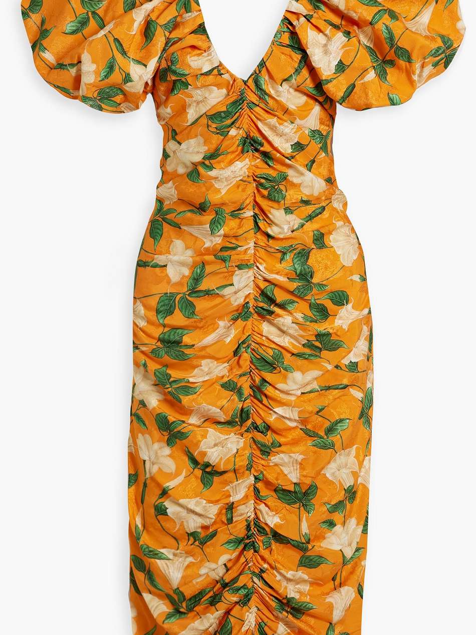 celia ruched floral-print ecovero-blend jacquard midi dress