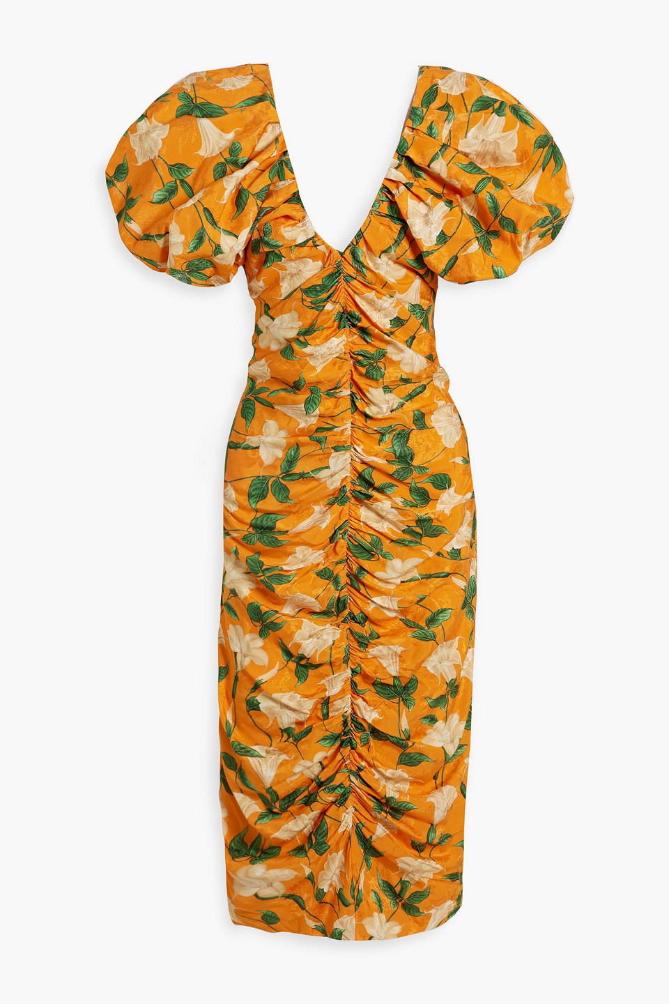 Shop Agua By Agua Bendita Celia Ruched Floral-print Ecovero-blend Jacquard Midi Dress In Orange