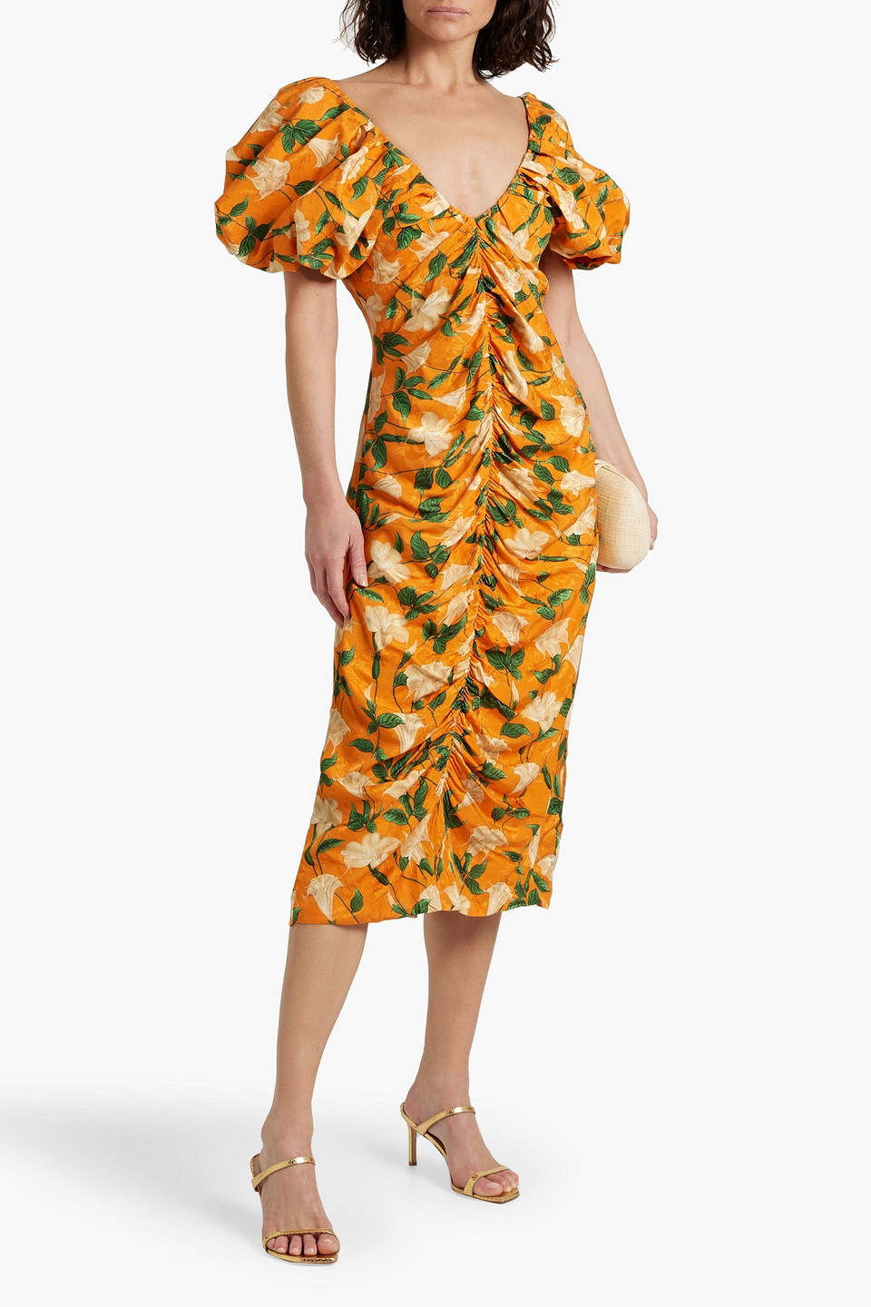 Shop Agua By Agua Bendita Celia Ruched Floral-print Ecovero-blend Jacquard Midi Dress In Orange