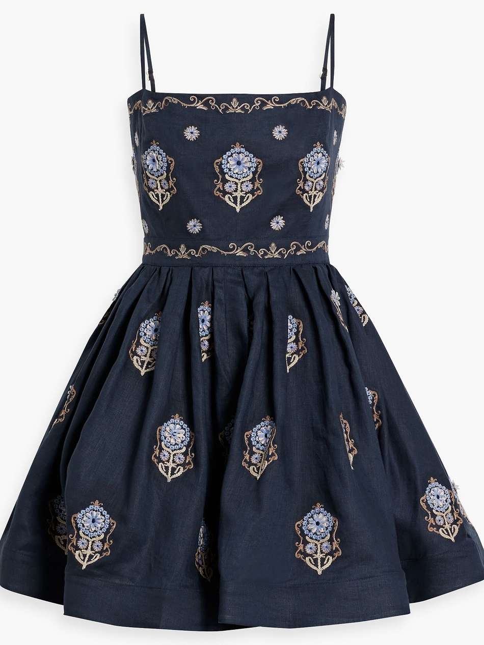sapucai mosaico embellished pleated linen mini dress