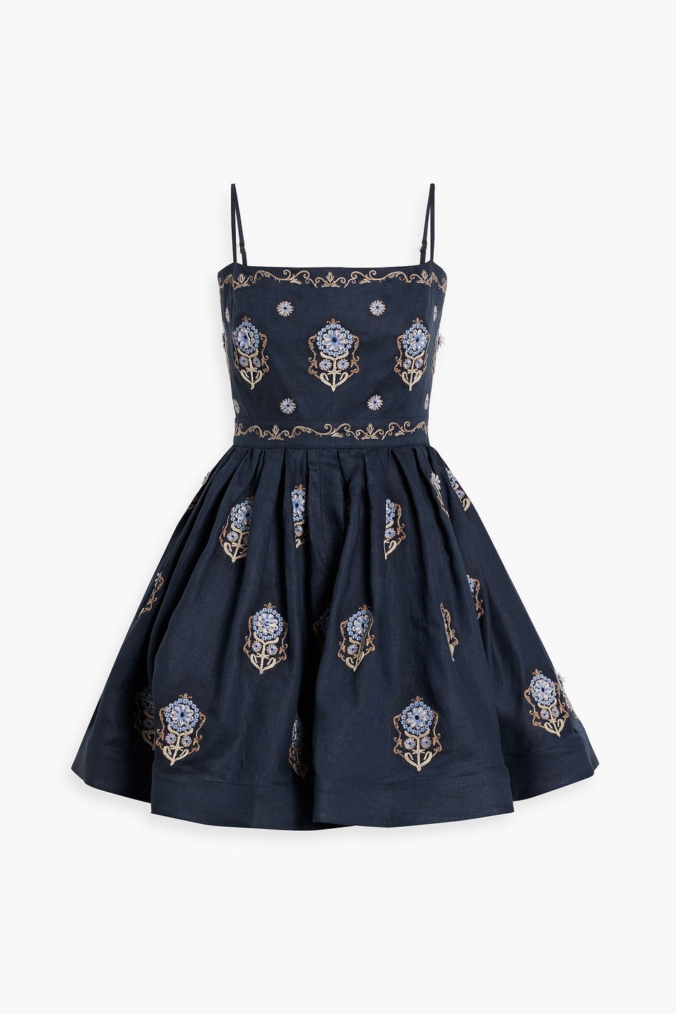 Agua By Agua Bendita Sapucai Mosaico Embellished Pleated Linen Mini Dress In Navy