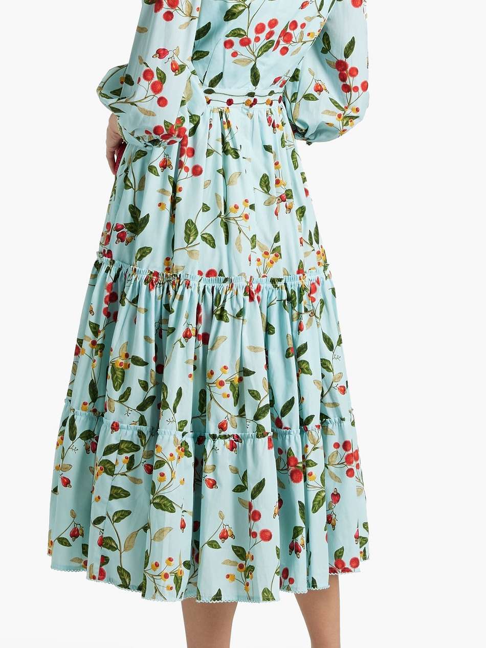 miel frutal embroidered tiered floral-print cotton-poplin midi dress