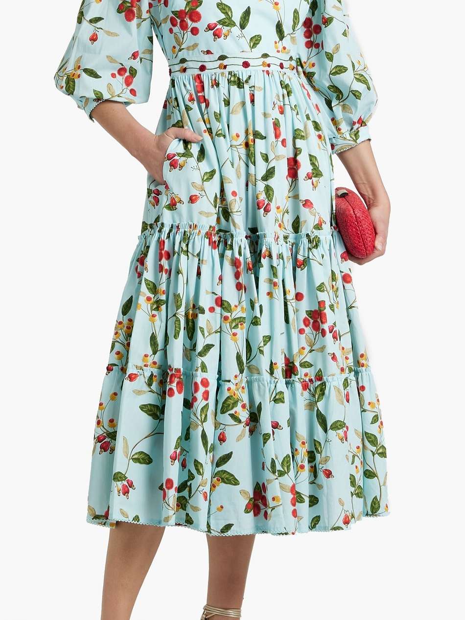 miel frutal embroidered tiered floral-print cotton-poplin midi dress