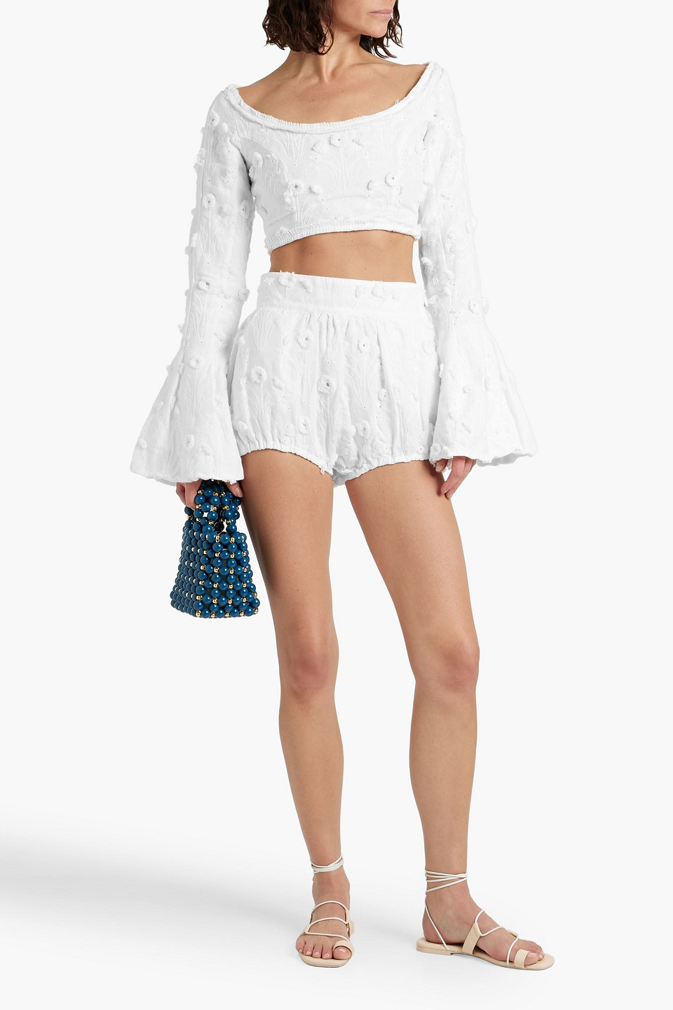 AGUA BY AGUA BENDITA LULU DIENTE DE LEON ANECER EMBROIDERED LINEN SHORTS