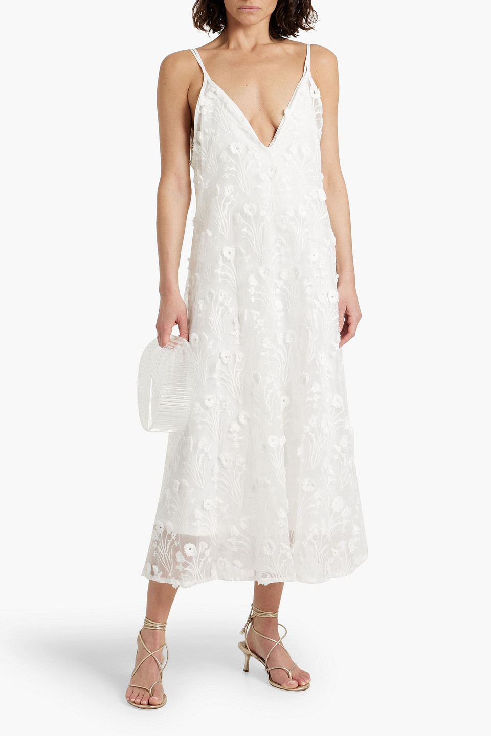 AGUA BY AGUA BENDITA HIERBALUISA DIENTE DE LEON ANECER EMBROIDERED ORGANZA MIDI SLIP DRESS