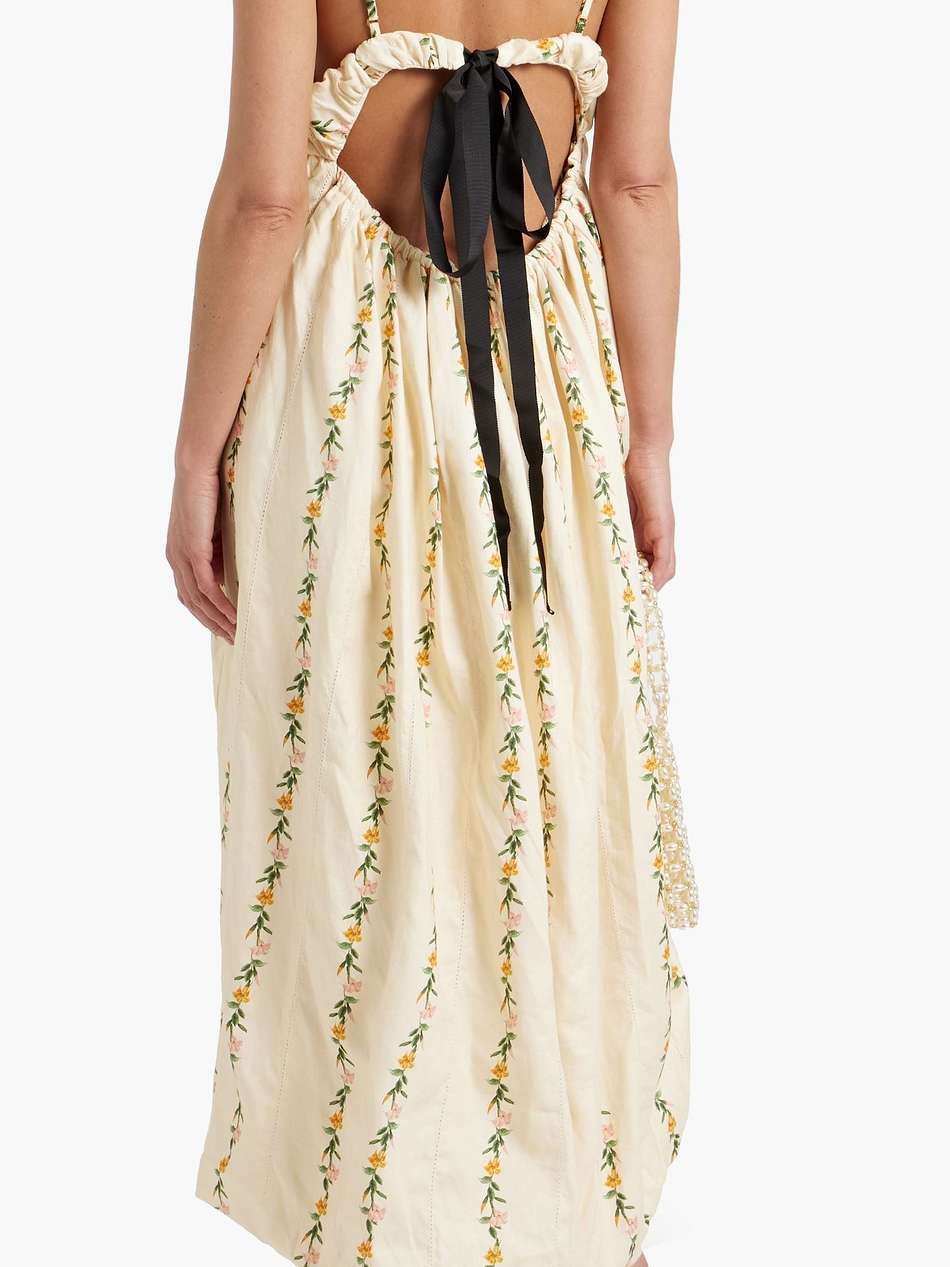 limonaria ranas gathered floral-print linen midi dress