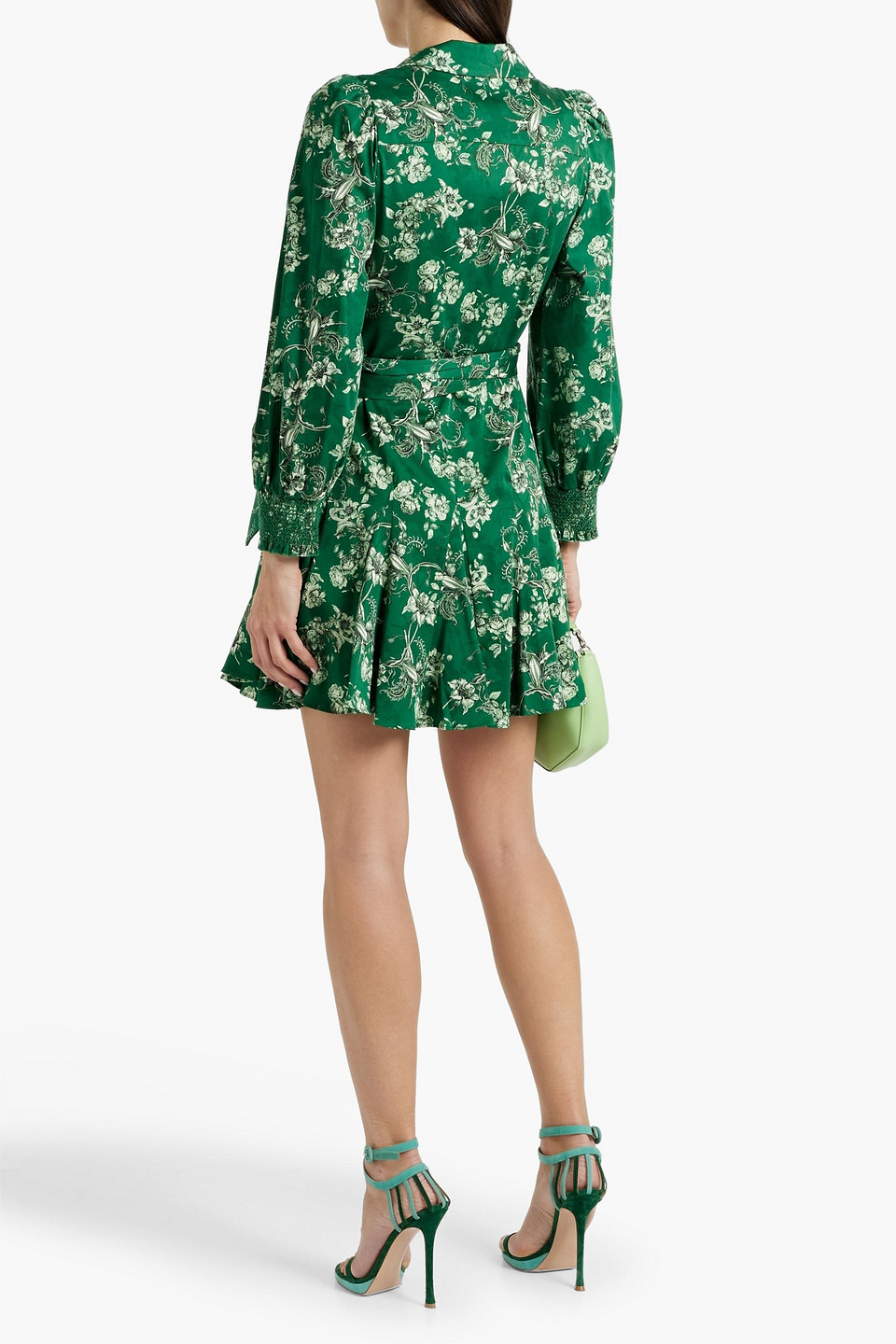 Shop Alice And Olivia Alisa Ruffled Floral-print Cotton-blend Mini Wrap Dress In Green