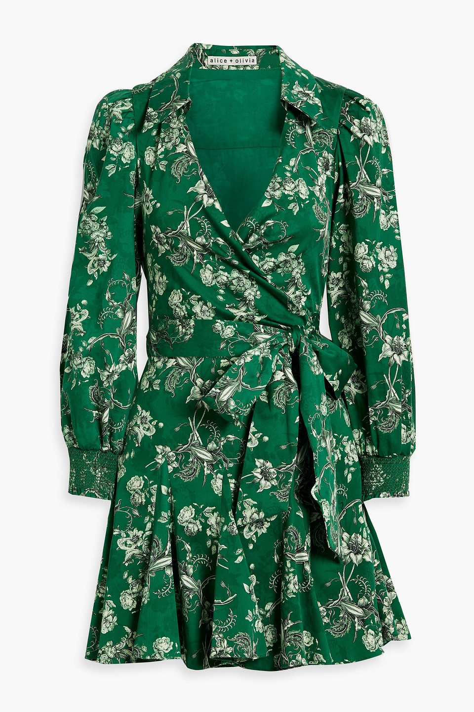 Alice And Olivia Alisa Ruffled Floral-print Cotton-blend Mini Wrap Dress In Green