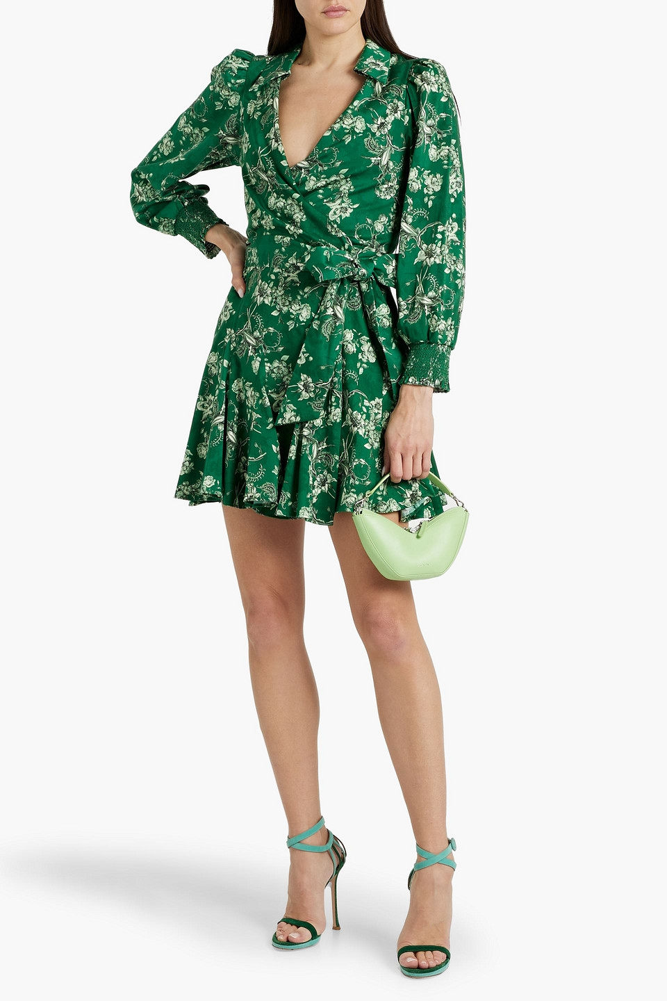 Shop Alice And Olivia Alisa Ruffled Floral-print Cotton-blend Mini Wrap Dress In Green