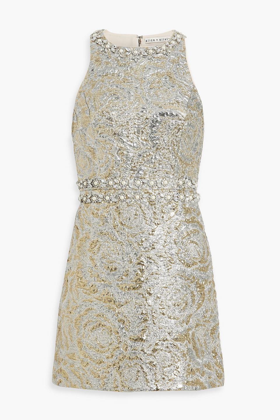 Alice And Olivia Embellished Metallic Brocade Mini Dress In Gold