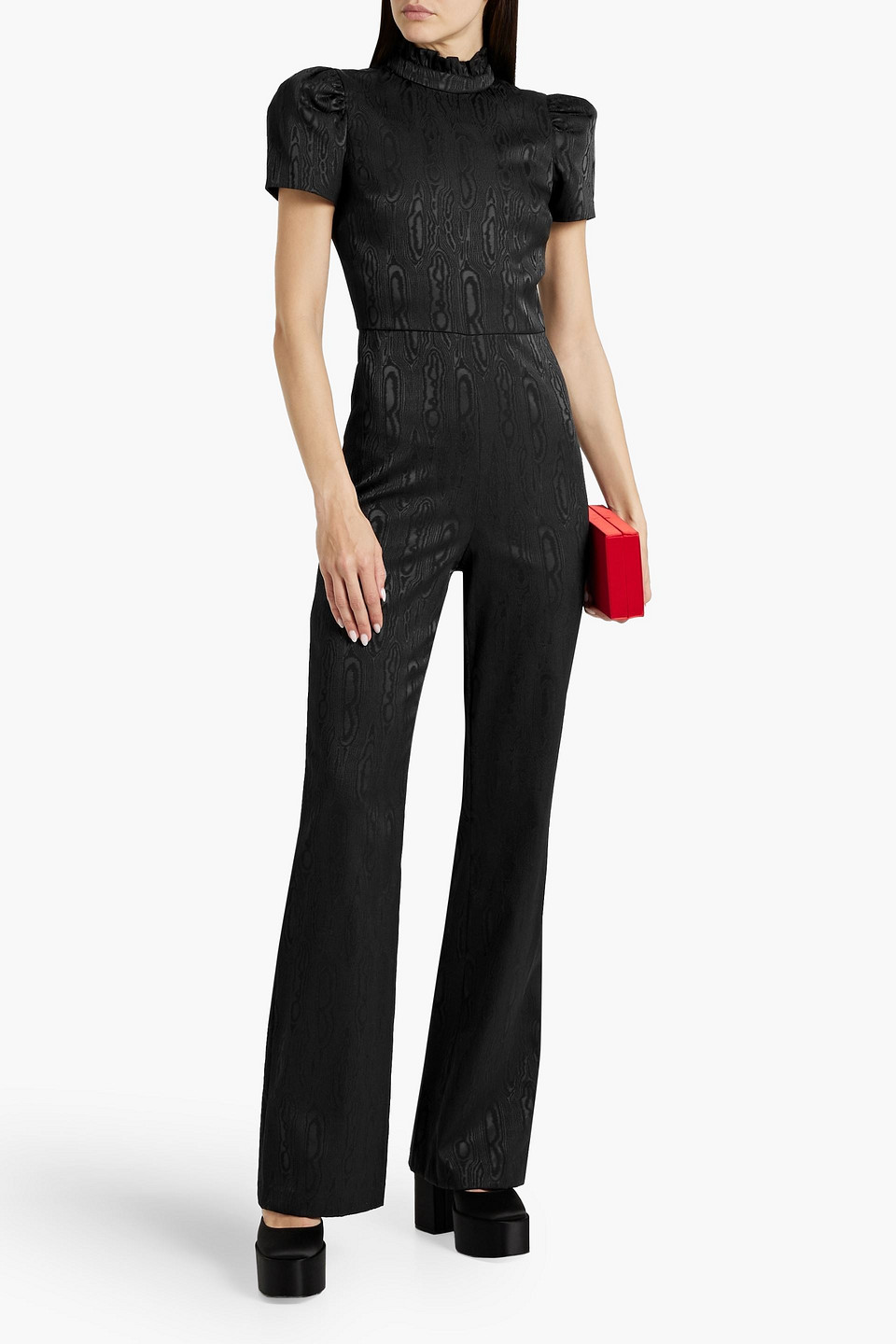 Shop Alice And Olivia Jorah Moire Wide-leg Jumpsuit In Black