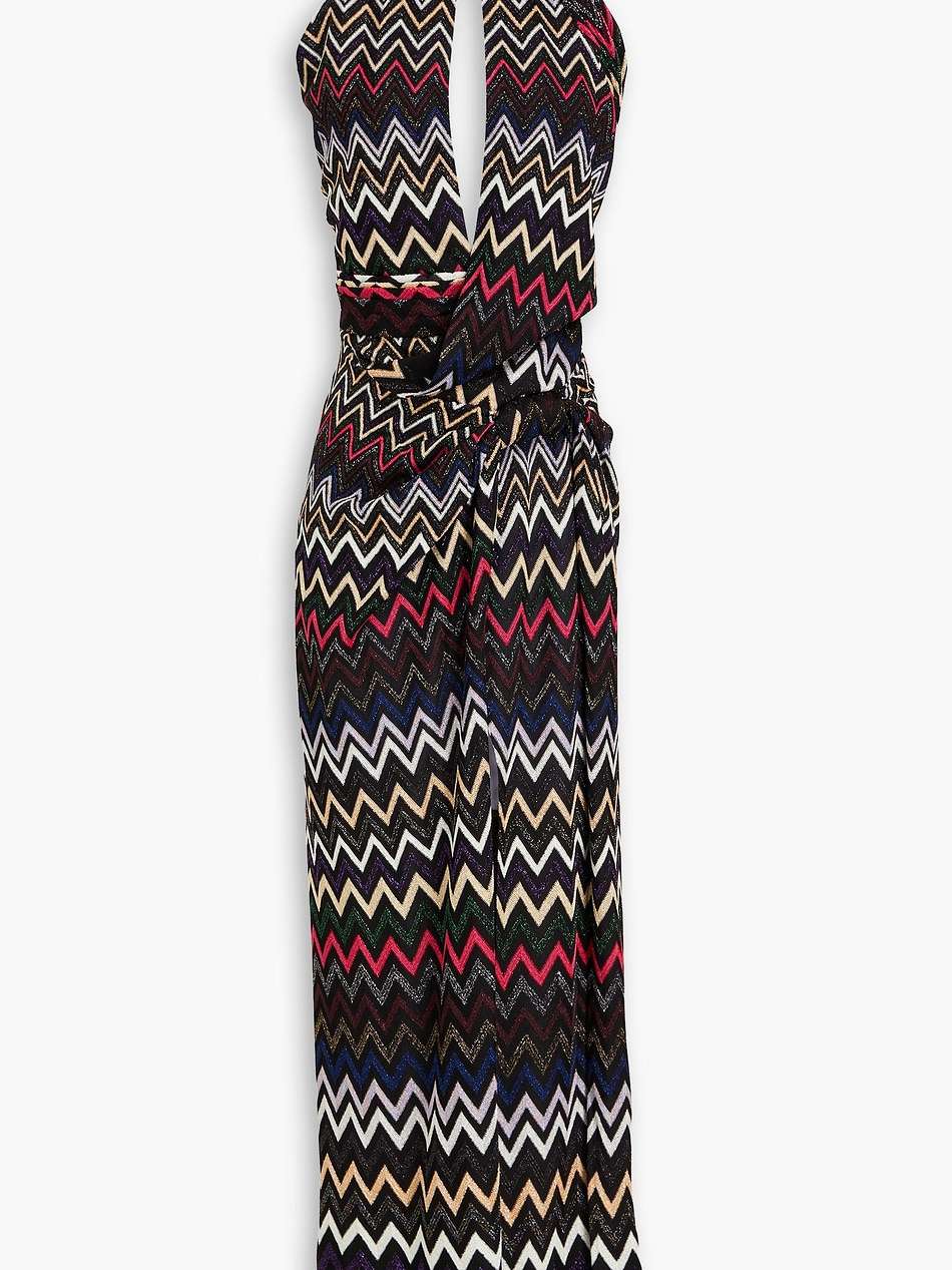 metallic cutout crochet-knit halterneck maxi dress