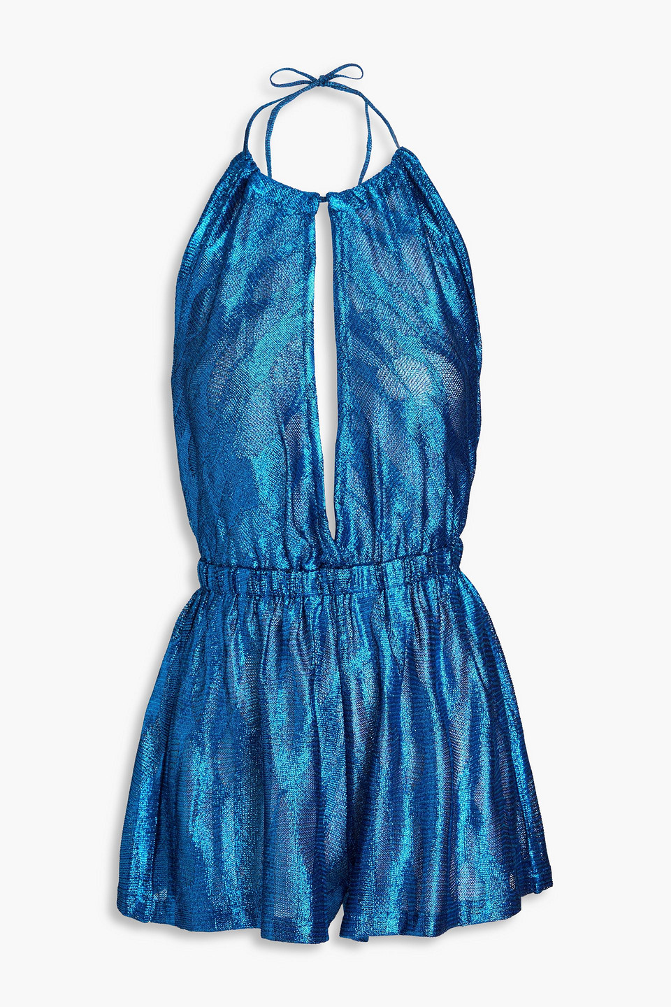 Missoni Cutout Metallic Crochet-knit Halterneck Playsuit In Blue