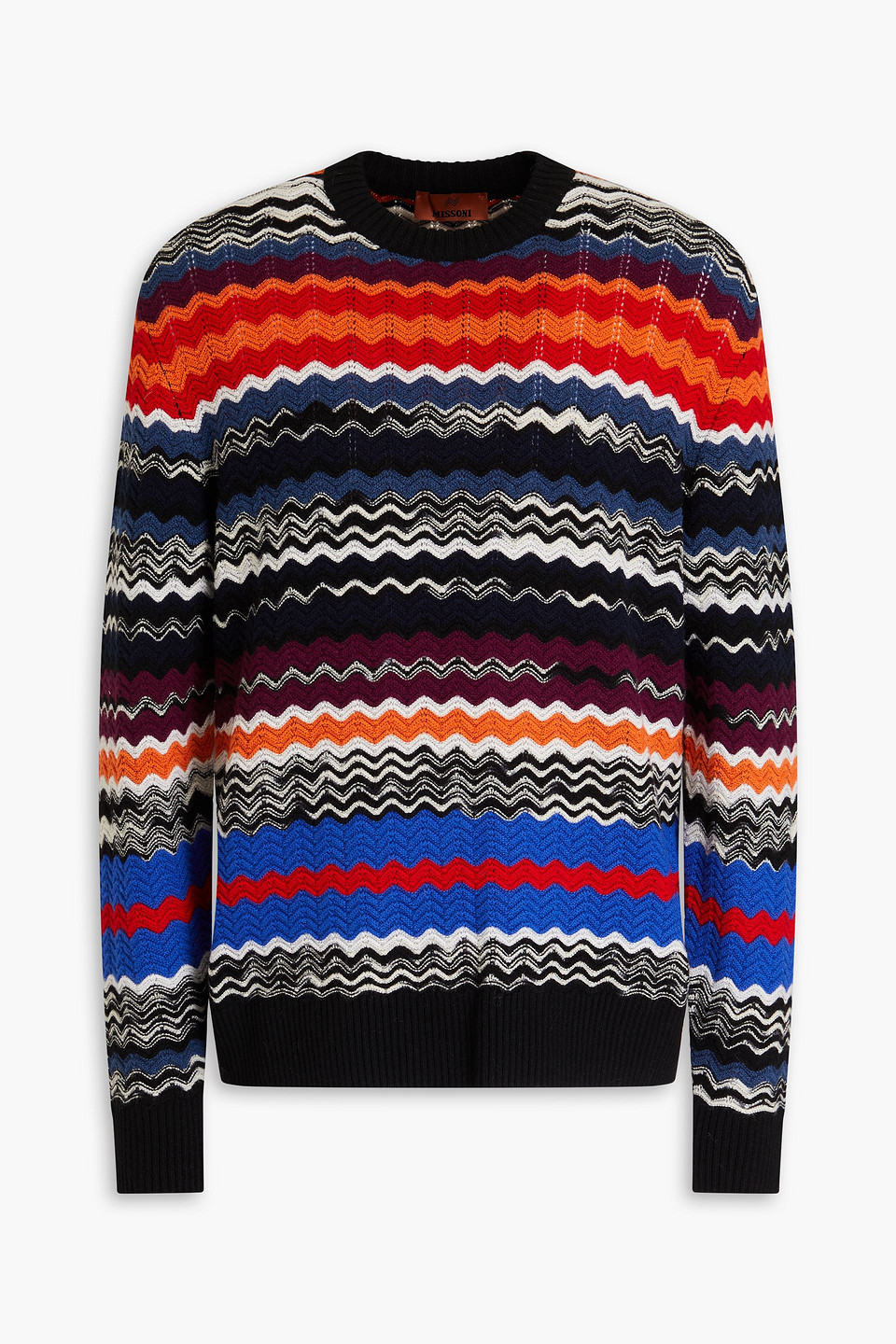 Missoni Crew-neck Sweater With Multicolor Herringbone Motif In Black